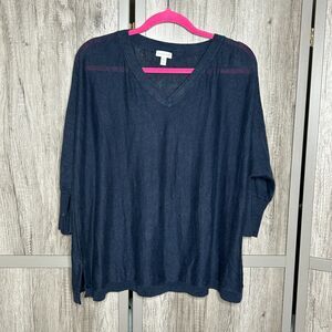 Garnet Hill Linen Sweater V Neckline Navy Blue